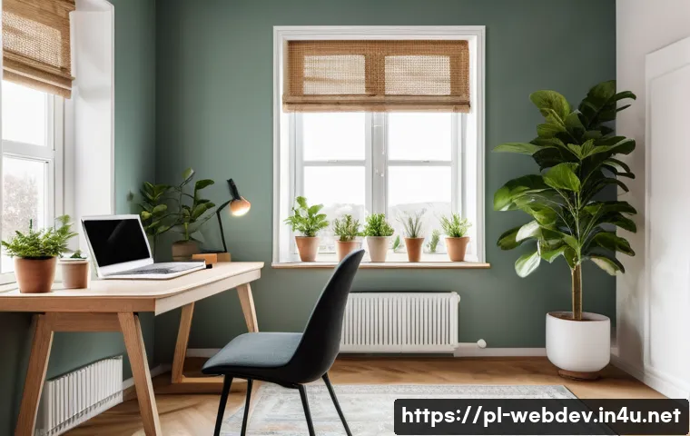 웹개발자 리모트 워크 - A cozy home office setup in a modern Polish apartment, featuring a dedicated workspace with a sleek ...