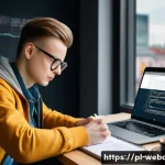 Home 22 웹개발자 실습 기반 학습 - A modern workspace scene showing a young Polish web developer practicing coding on a sleek laptop, s...