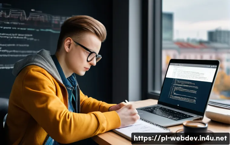 웹개발자 실습 기반 학습 - A modern workspace scene showing a young Polish web developer practicing coding on a sleek laptop, s...
