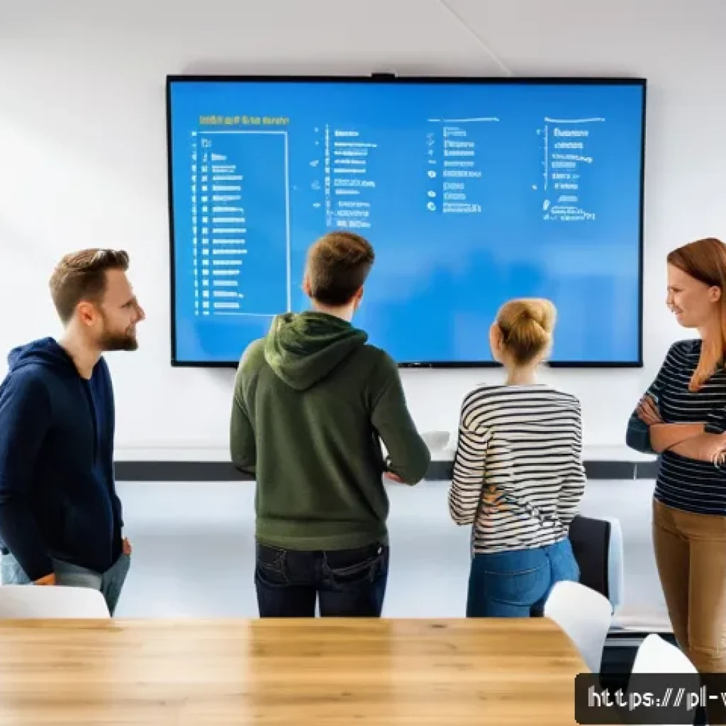 웹개발자 커뮤니케이션 스킬 - A modern software development team in a bright, open-plan office in Warsaw, Poland, engaged in a dai...