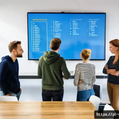 Home 33 웹개발자 커뮤니케이션 스킬 - A modern software development team in a bright, open-plan office in Warsaw, Poland, engaged in a dai...