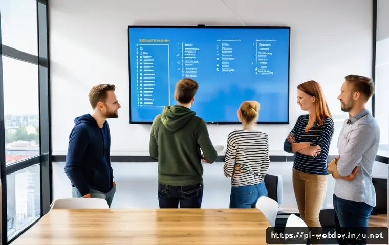 웹개발자 커뮤니케이션 스킬 - A modern software development team in a bright, open-plan office in Warsaw, Poland, engaged in a dai...