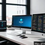 Home 19 웹개발자 서버 사이드 개발 - A modern backend developer workspace featuring multiple screens displaying code in Node.js, Python F...