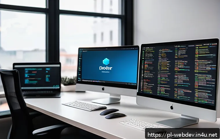 웹개발자 서버 사이드 개발 - A modern backend developer workspace featuring multiple screens displaying code in Node.js, Python F...