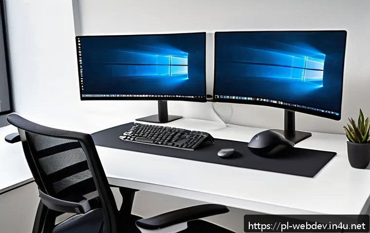 웹개발자 개발 환경 - A modern ergonomic home office setup for a software developer, featuring a height-adjustable standin...