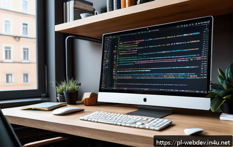 웹개발자 AI 연계 기술 - A modern web developer workspace in a cozy home office setting, featuring a large monitor displaying...