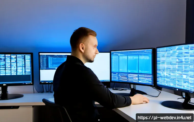 웹개발자 서버 관리 경험 - Photorealistic Polish web developer managing a server environment in a modern Warsaw office, seated ...