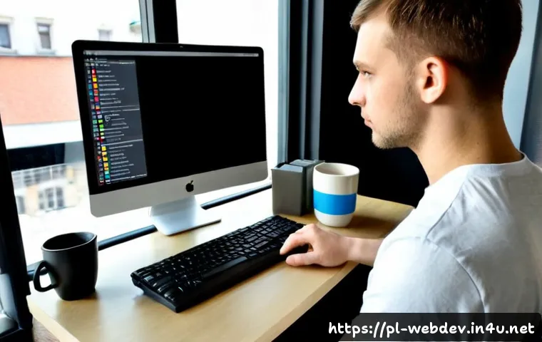 웹개발자 프로젝트 관리 툴 - Photorealistic Polish web developer managing a project at a clean modern desk, dual monitors showing...