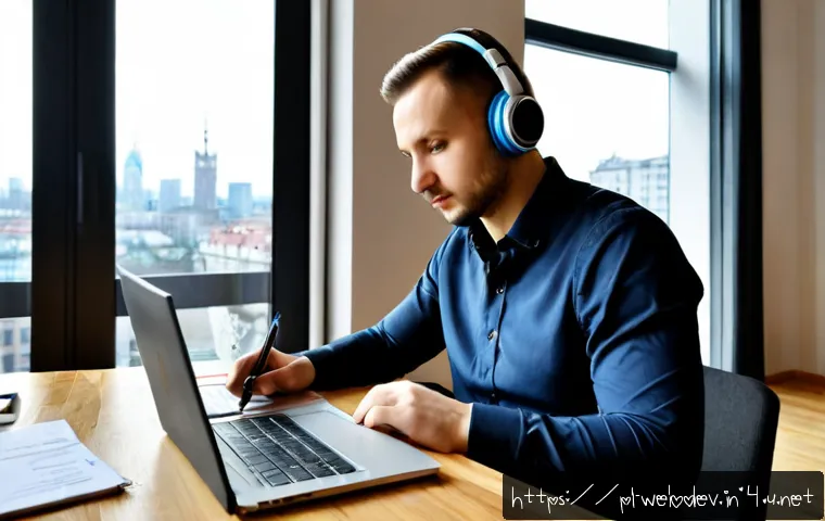 Home 17 웹개발자 이직 준비물 - Photorealistic Polish web developer preparing for a job change at a tidy home office in Warsaw, conf...