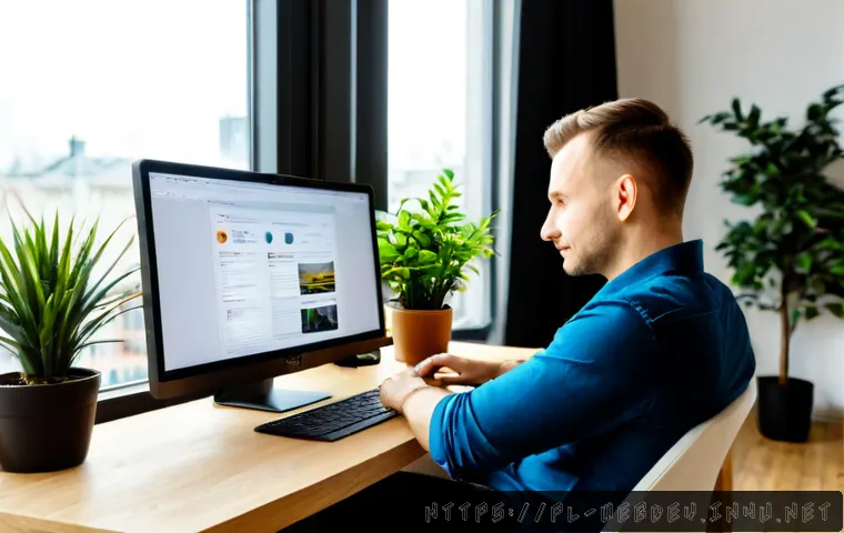 Home 17 웹개발자 직무 만족도 - Photorealistic Polish web developer in a bright modern Warsaw coworking office, relaxed and satisfie...